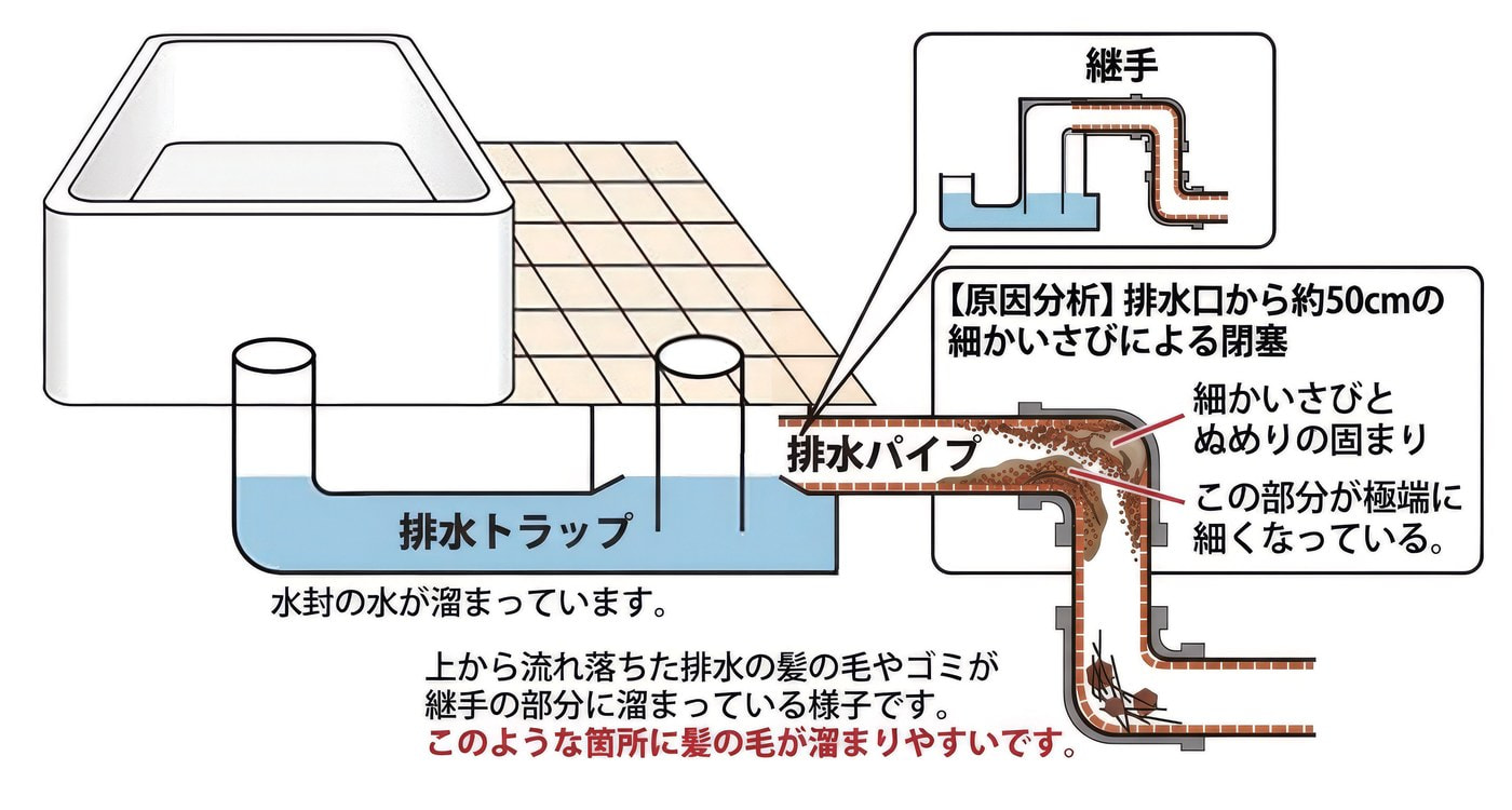 排水トラップから排水パイプの第一カーブに、細かいさびとぬめりが固まり、排水管が極端に細くなっている図