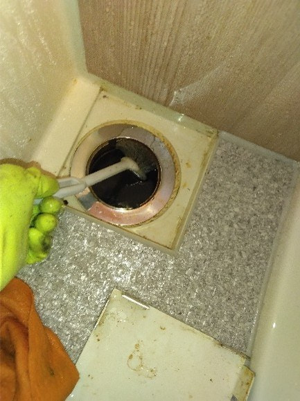 排水口のまわりを、ブラシで洗浄