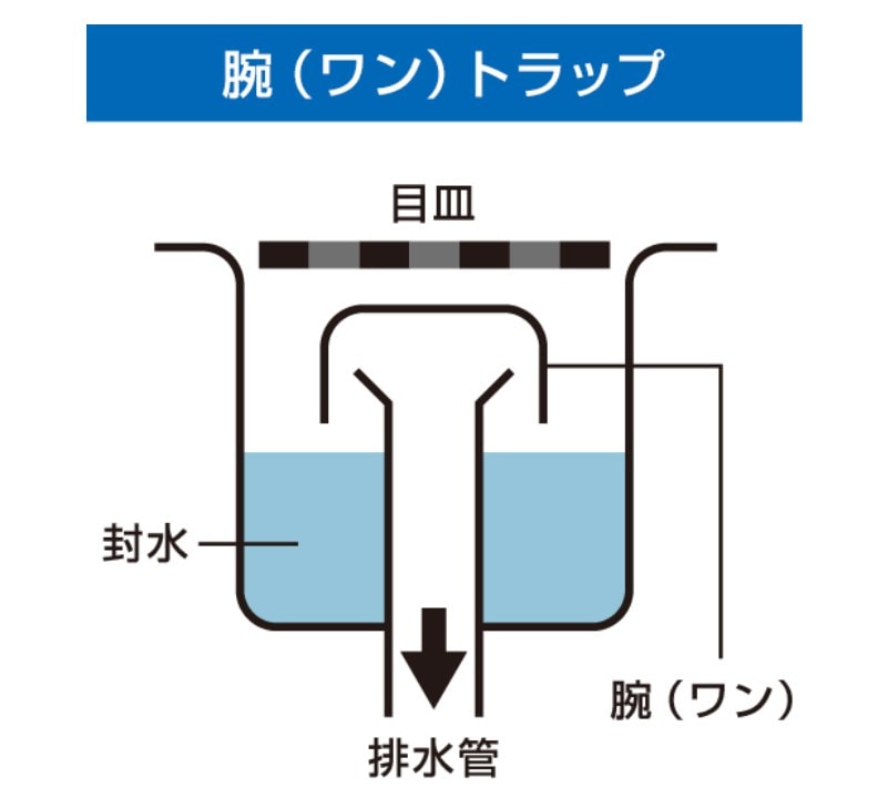腕（ワン）トラップのしくみ：目皿・腕（ワン）・封水・排水管